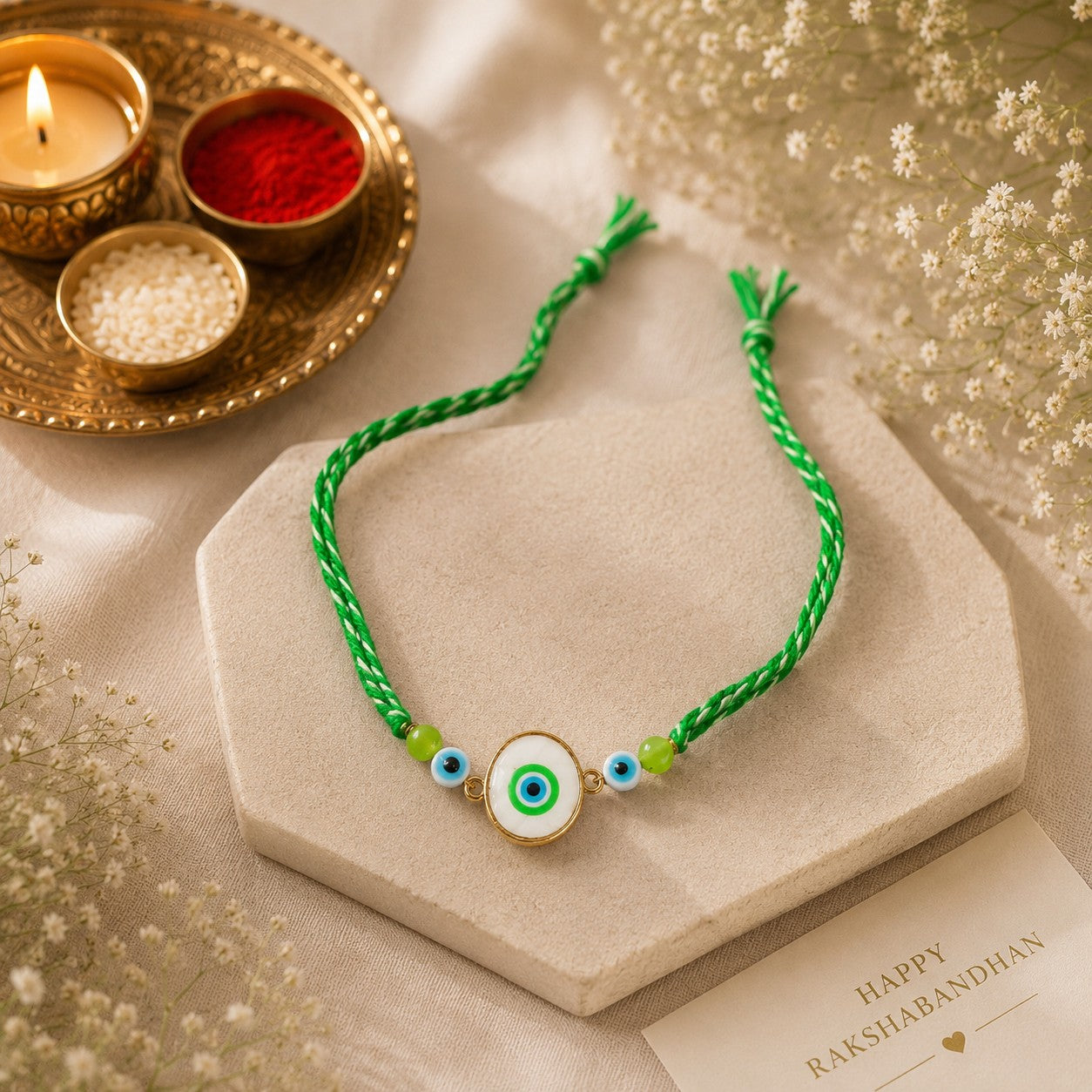 Evil Eye & Pastel Charm Rakhi Set