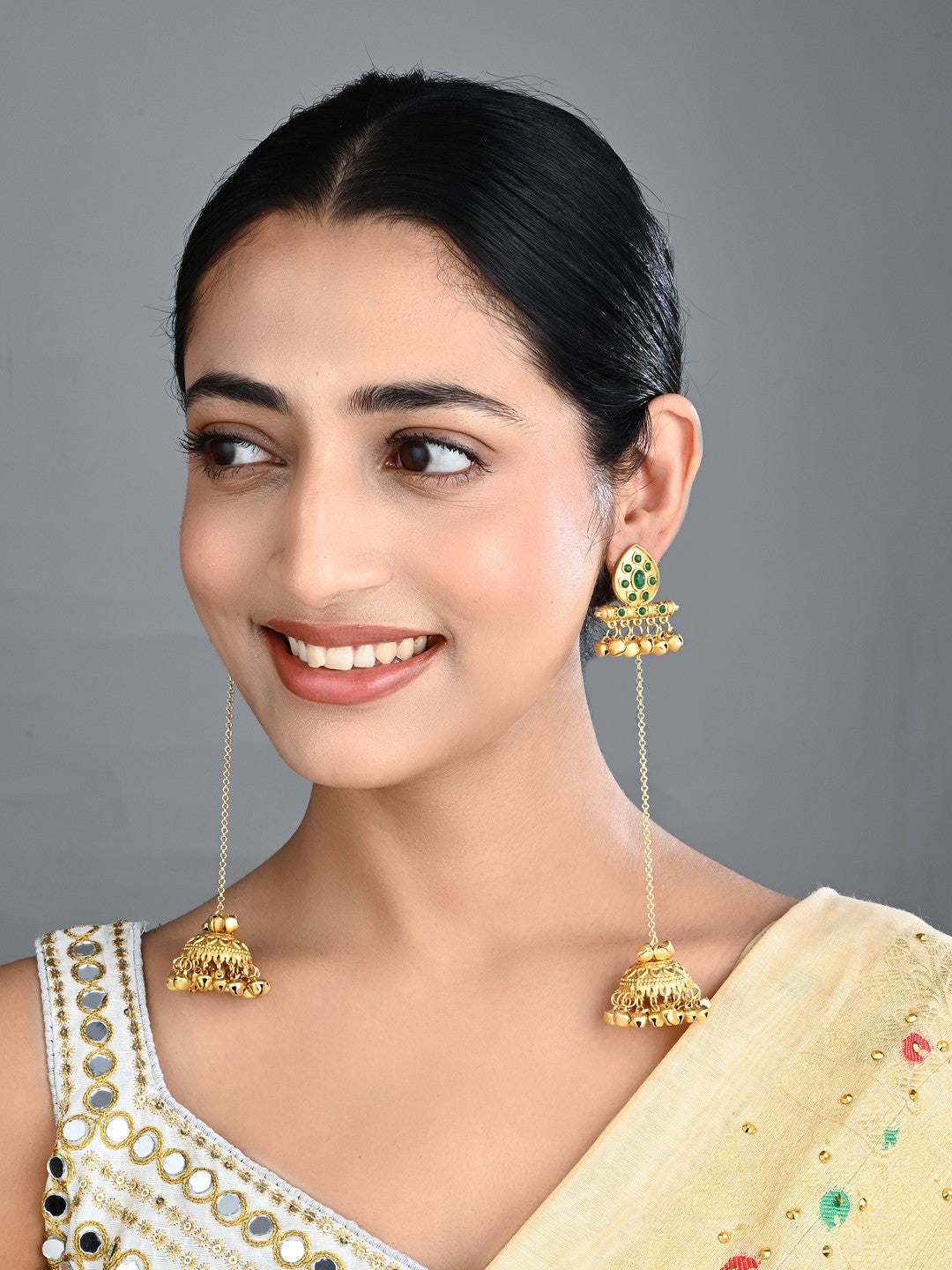 Emerald Temple Jhumka Earrings with Long Chain Tassels