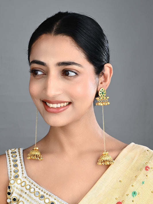 Emerald Temple Jhumka Earrings with Long Chain Tassels