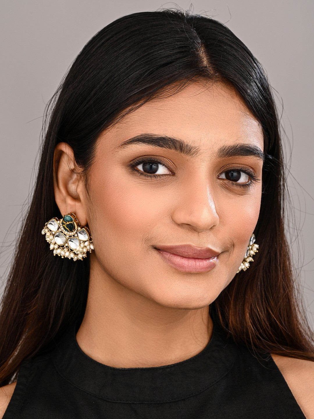 Gold-Plated Green Kundan Half Chandbali Earrings