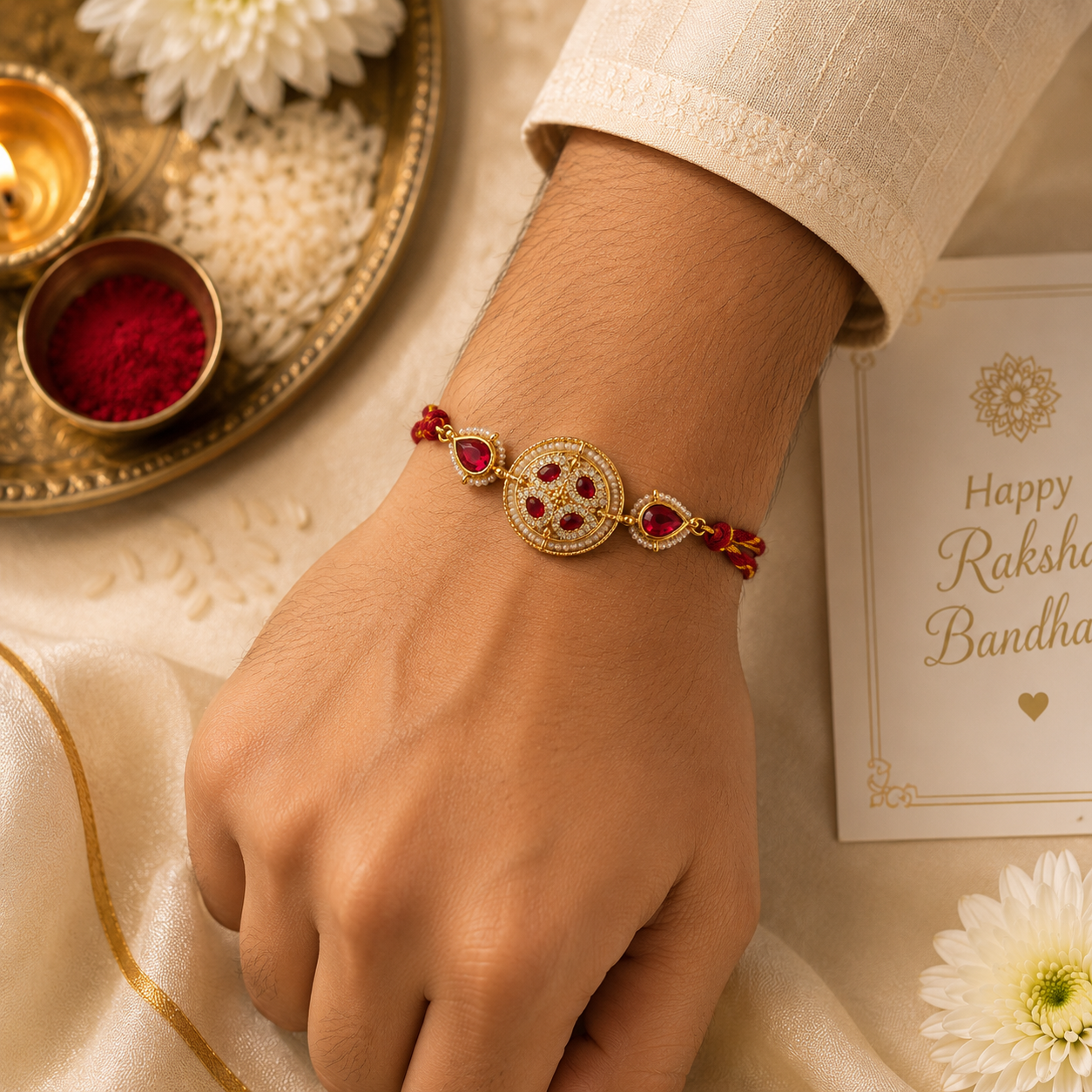 Ruby Red Kundan Designer Rakhi | Premium Stone Raksha Bandhan Rakhi