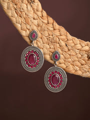 Elegant Oval Drop Earrings – Silver Oxidised Finish red
