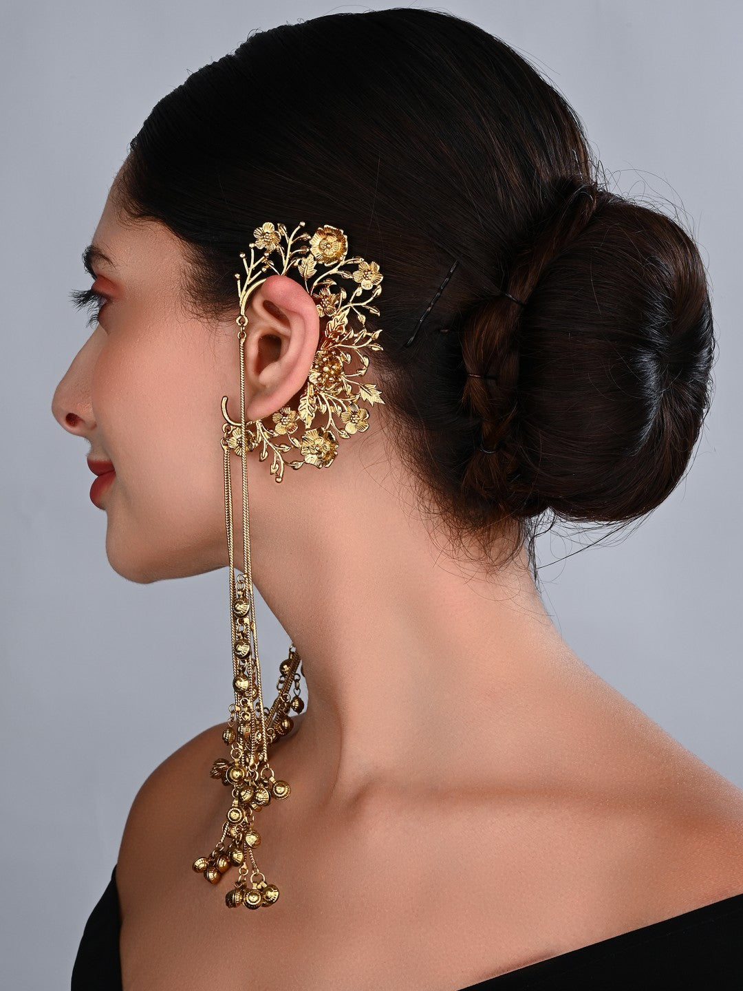 Aarika Gold Floral Ear Cuff Chain Earrings