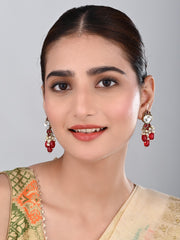 Gold plated Kundan & Pearl drop Earrings- Red