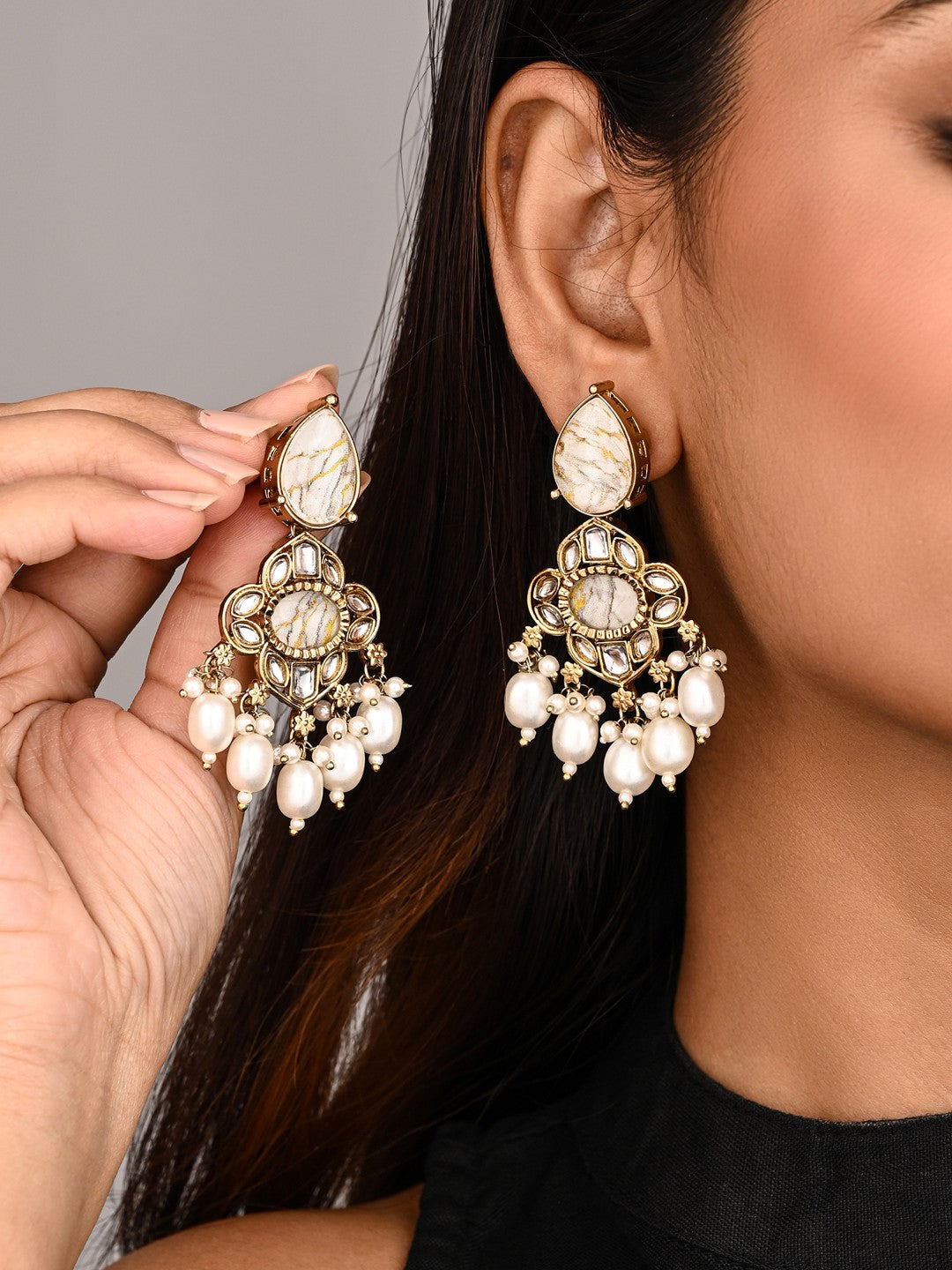 Gold-Plated White Kundan Chandelier Earrings with Bead Drops