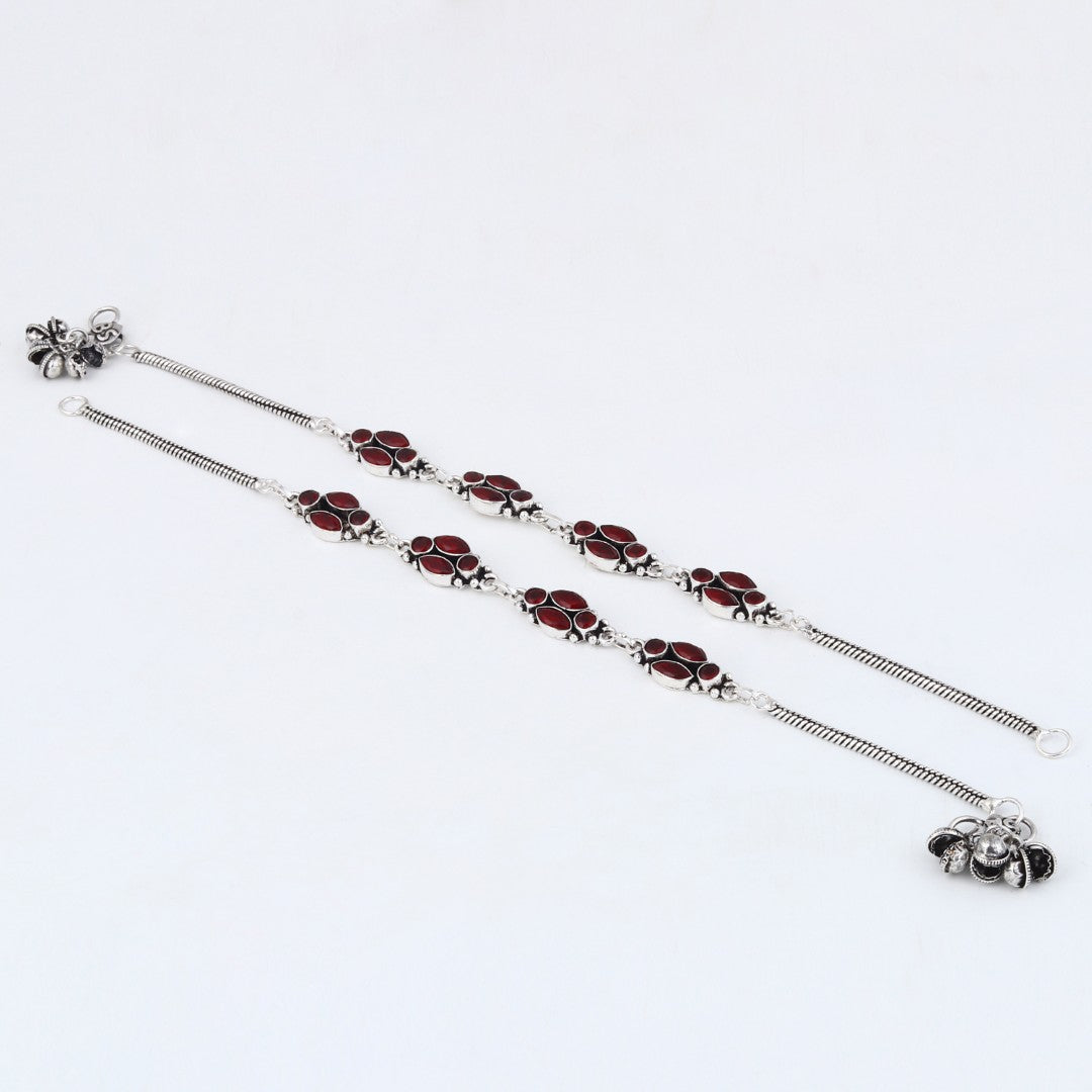 Silver Oxidised Red Floral Brass Anklet