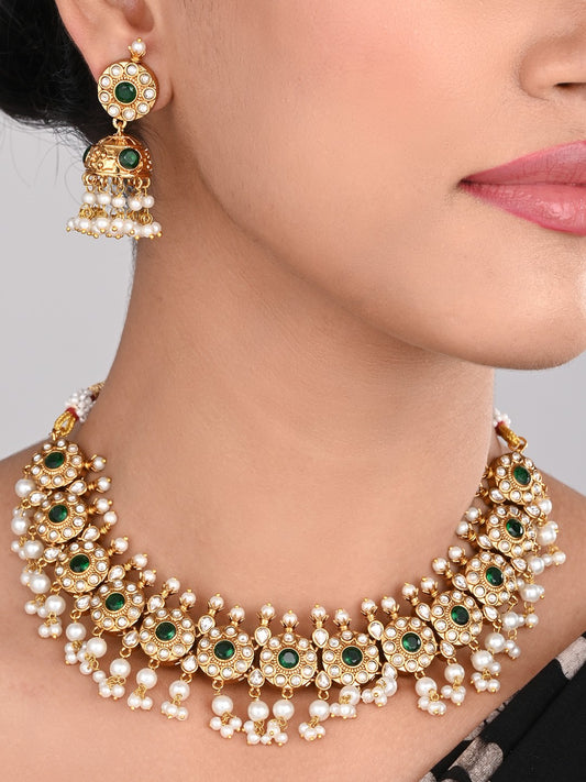 Gold-Plated Kemp Stone Necklace Set with Jhumka Earrings Green