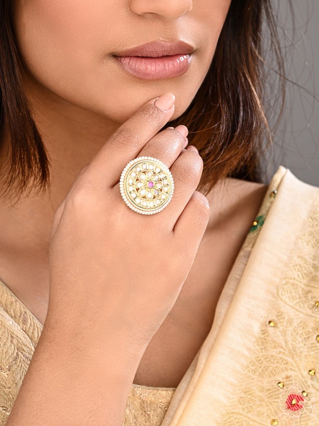 Regal Kundan Ruby Circular Ring