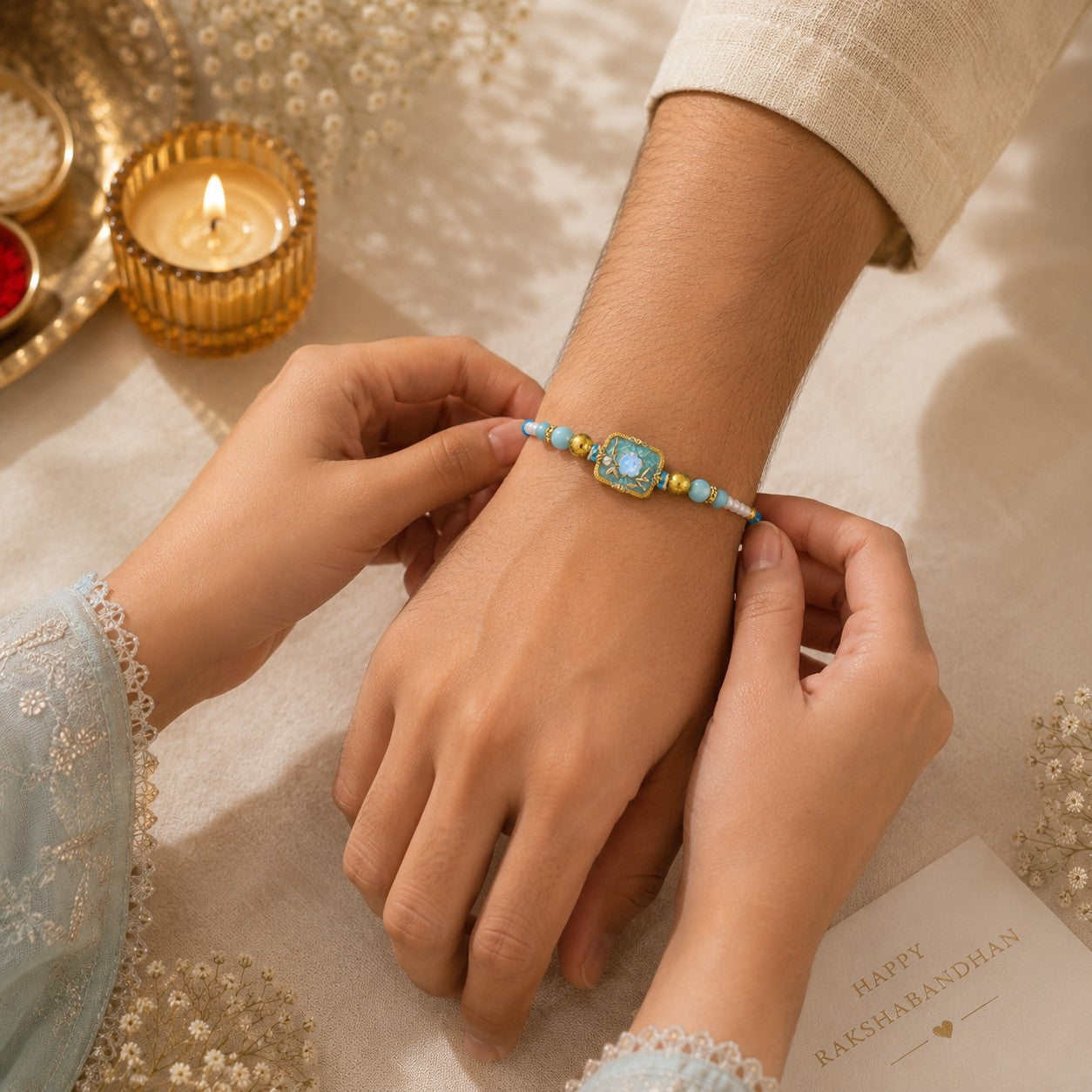 Pastel Bloom Rakhi Set of 2 – Handcrafted Floral Designer Rakhis