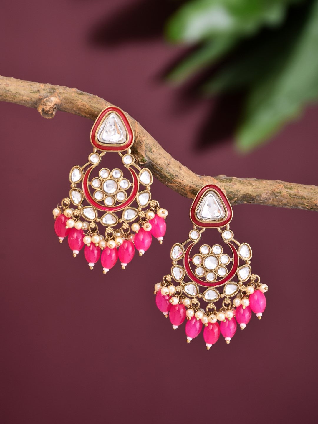 Gold plated kundan & Meenakari Chandbali Earring Pink