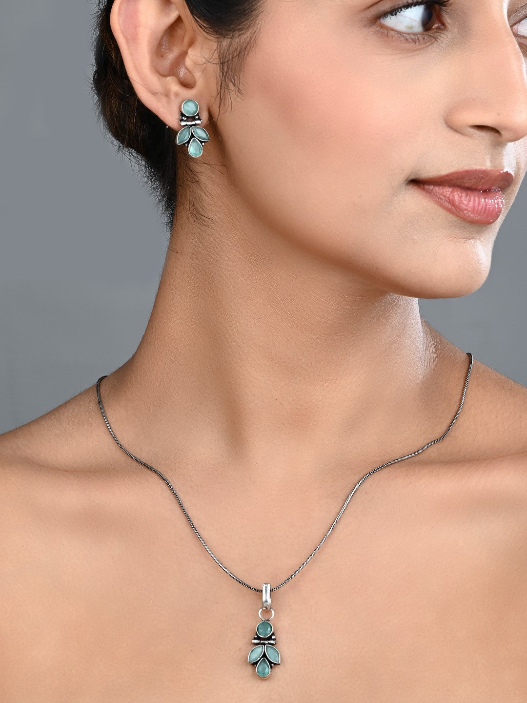 Elegant Crystal Pendant Necklace Set with Matching Drop Earrings - Sage Green