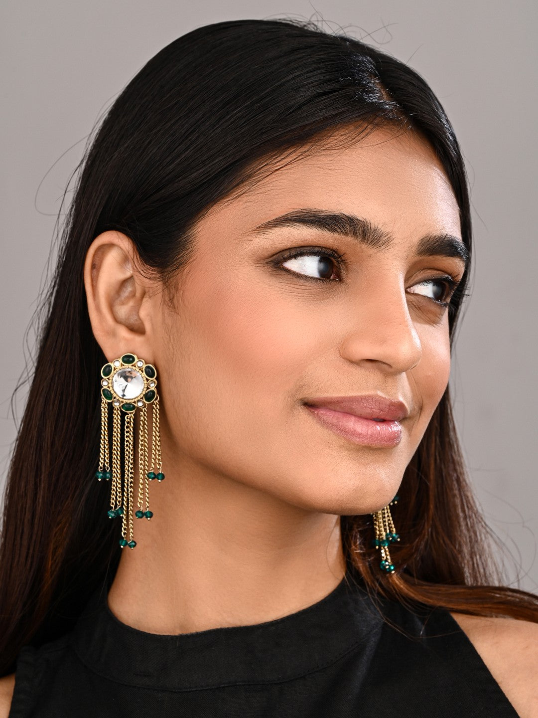 Kundan Tassel Drop Earrings - Green