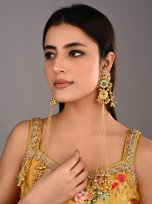 Gold-Tone Kundan & Green Stone Kashmiri Long Chain Earrings