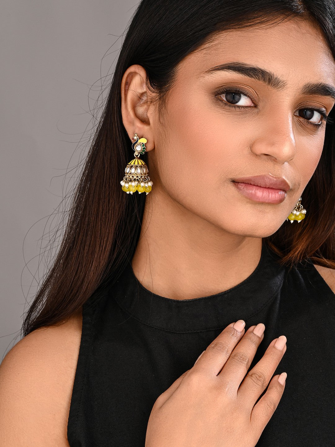 Peacock-inspired jhumka earrings- Yellow