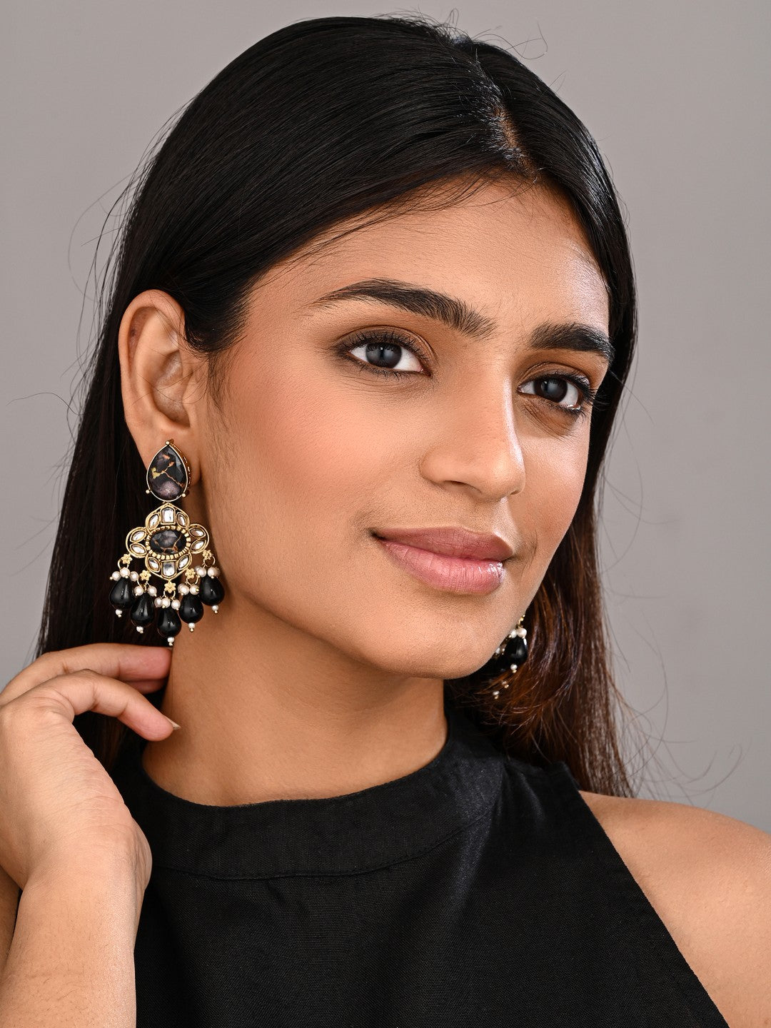 Gold-Plated Black Kundan Chandelier Earrings with Bead Drops
