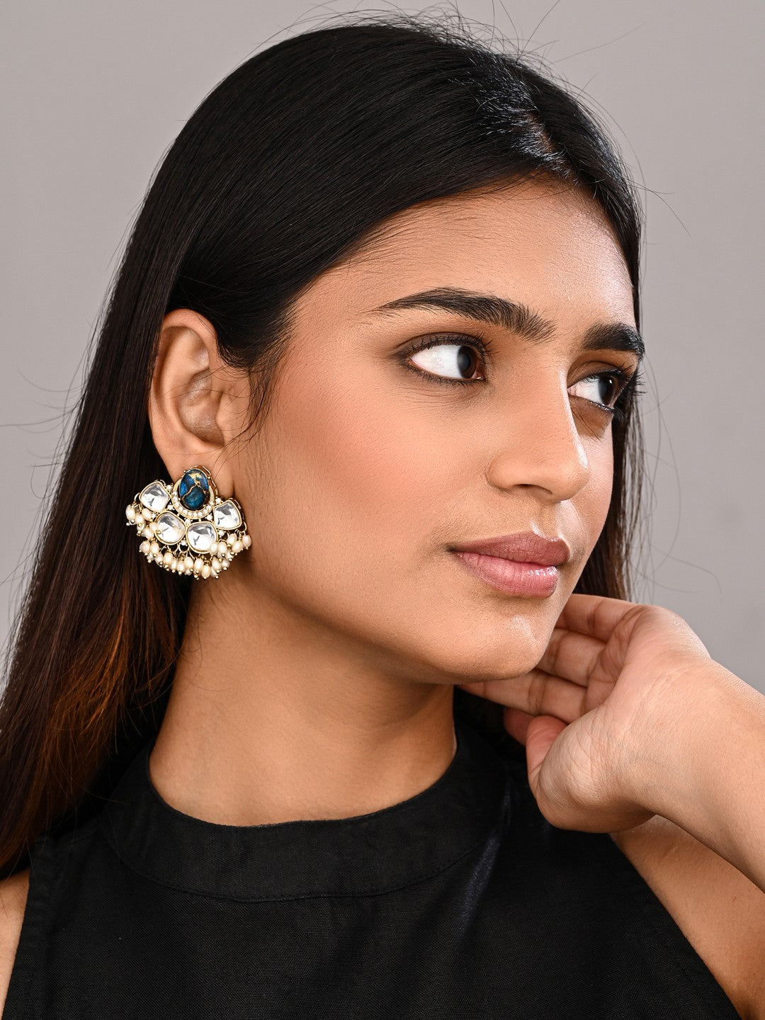Gold-Plated Blue Kundan Half Chandbali Earrings