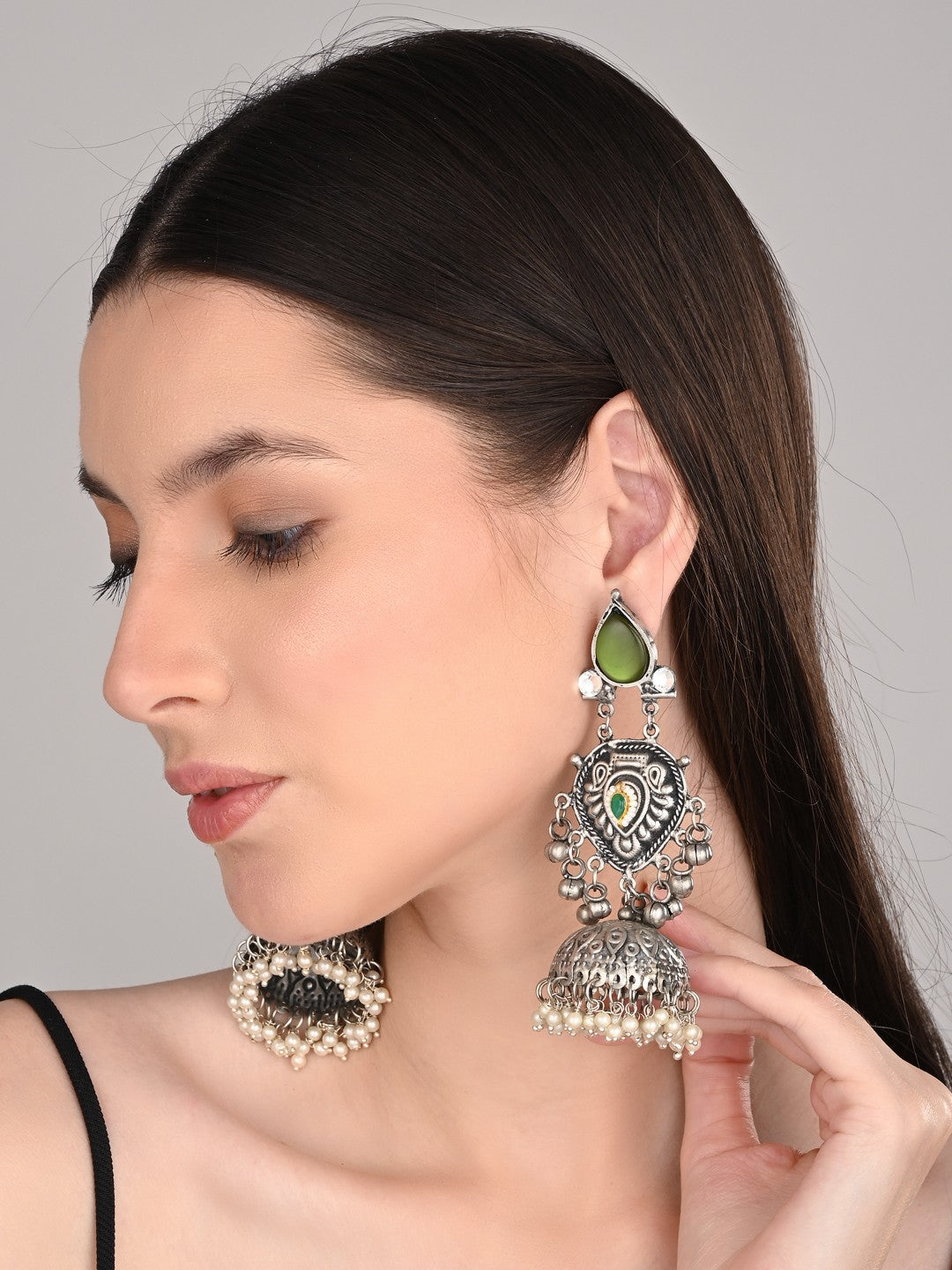 Silver oxydised lightweight long Jhumka Earring - Green