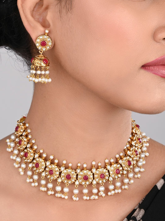 Gold-Plated Kemp Stone Necklace Set with Jhumka Earrings Red