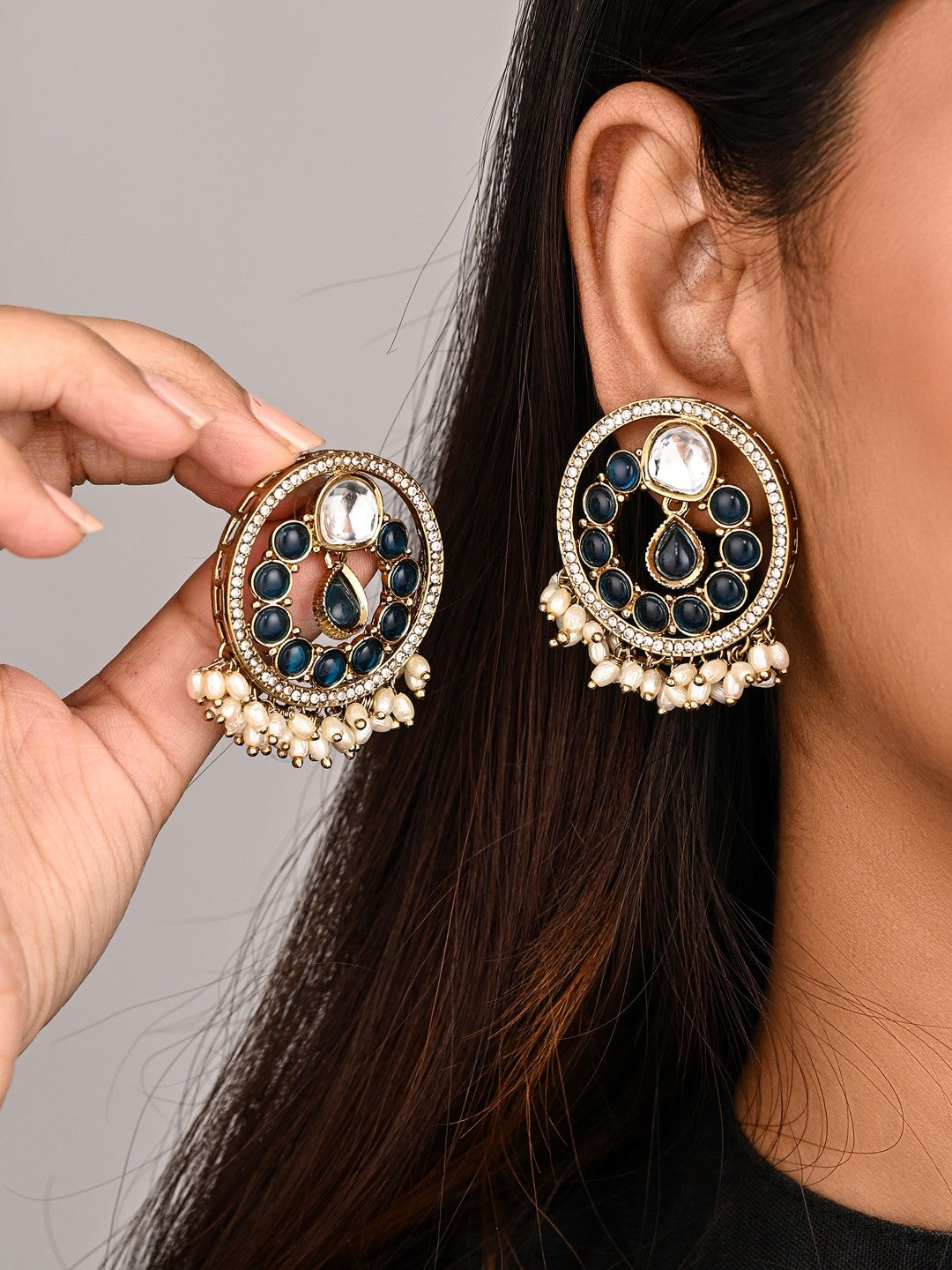Regal Kundan Pearl Chandbali Earrings - blue