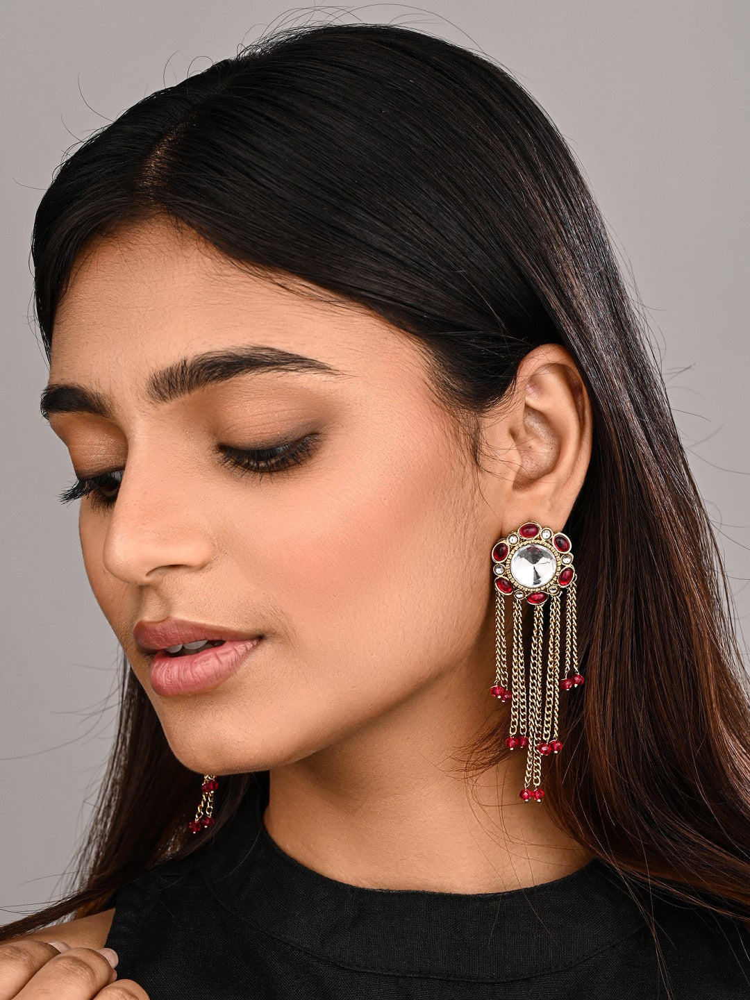 Kundan Tassel Drop Earrings - Pink