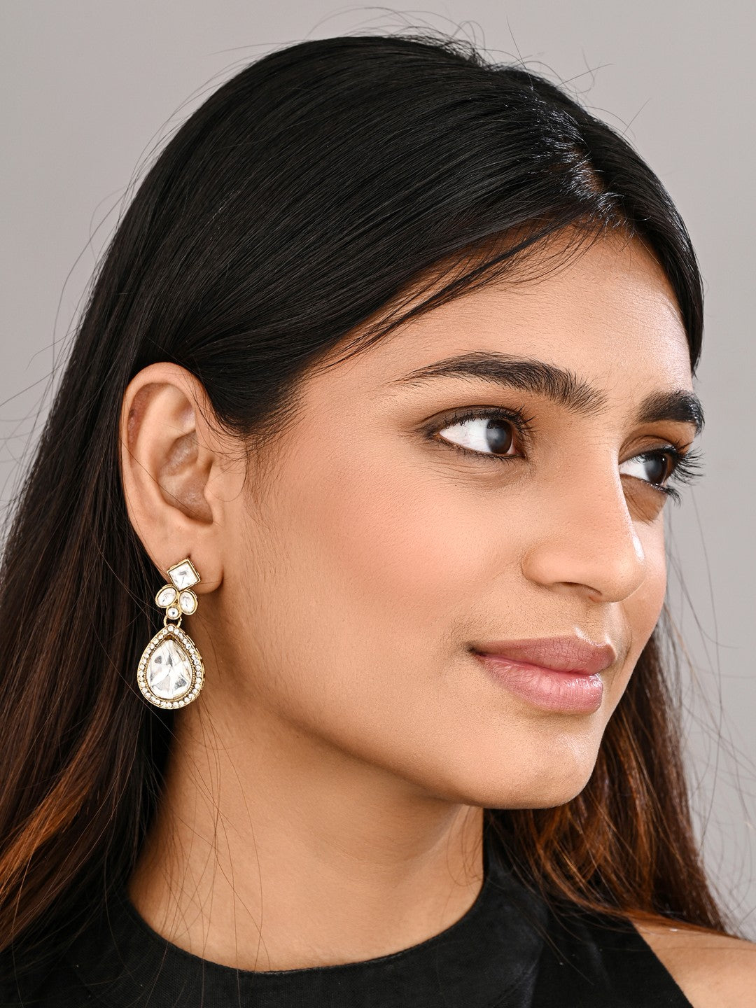 Gold-Toned Teardrop Kundan Crystal Drop Earrings for Women