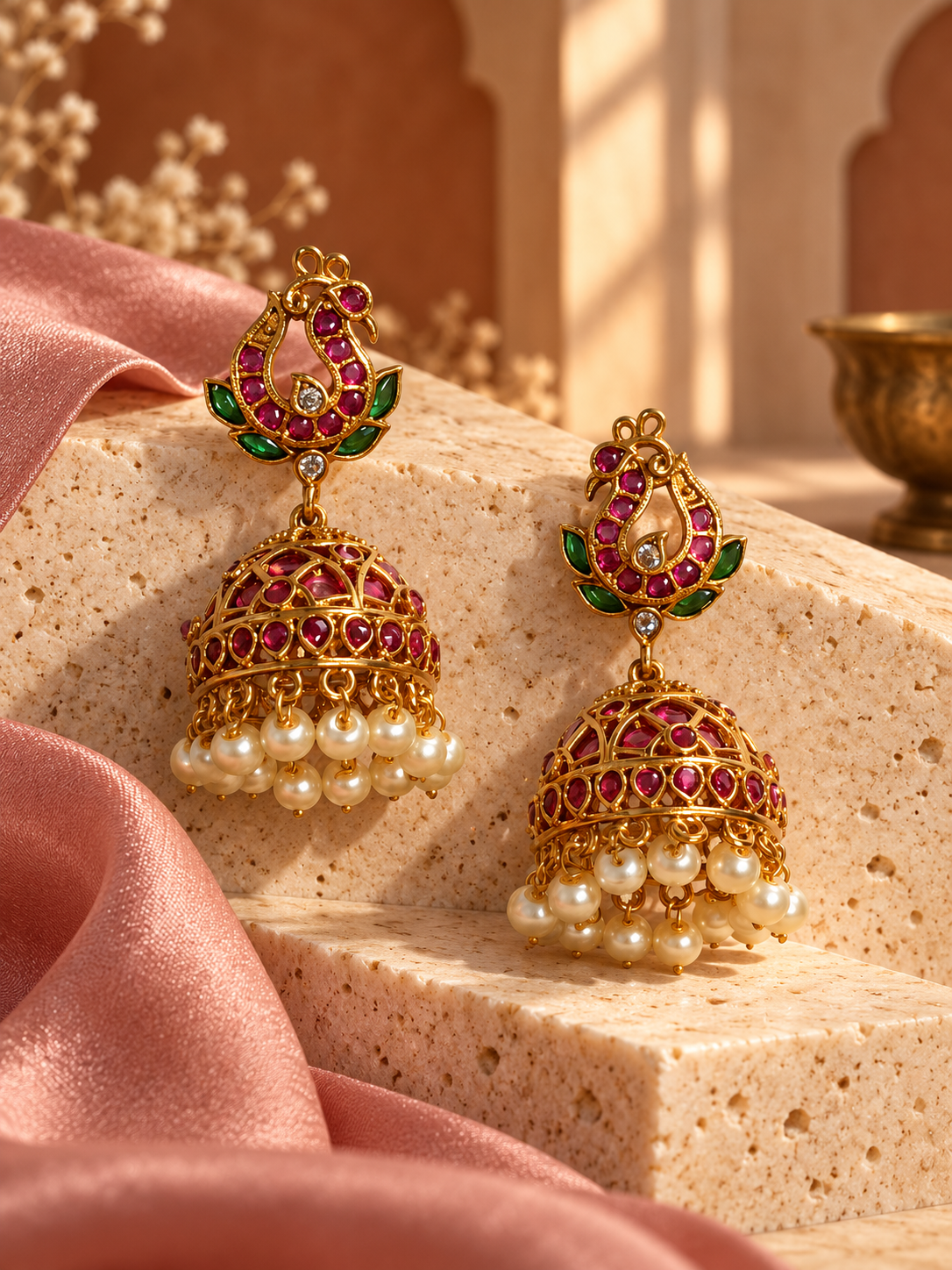 Aadhya Gold-Toned Peacock Kundan Jhumka Earrings