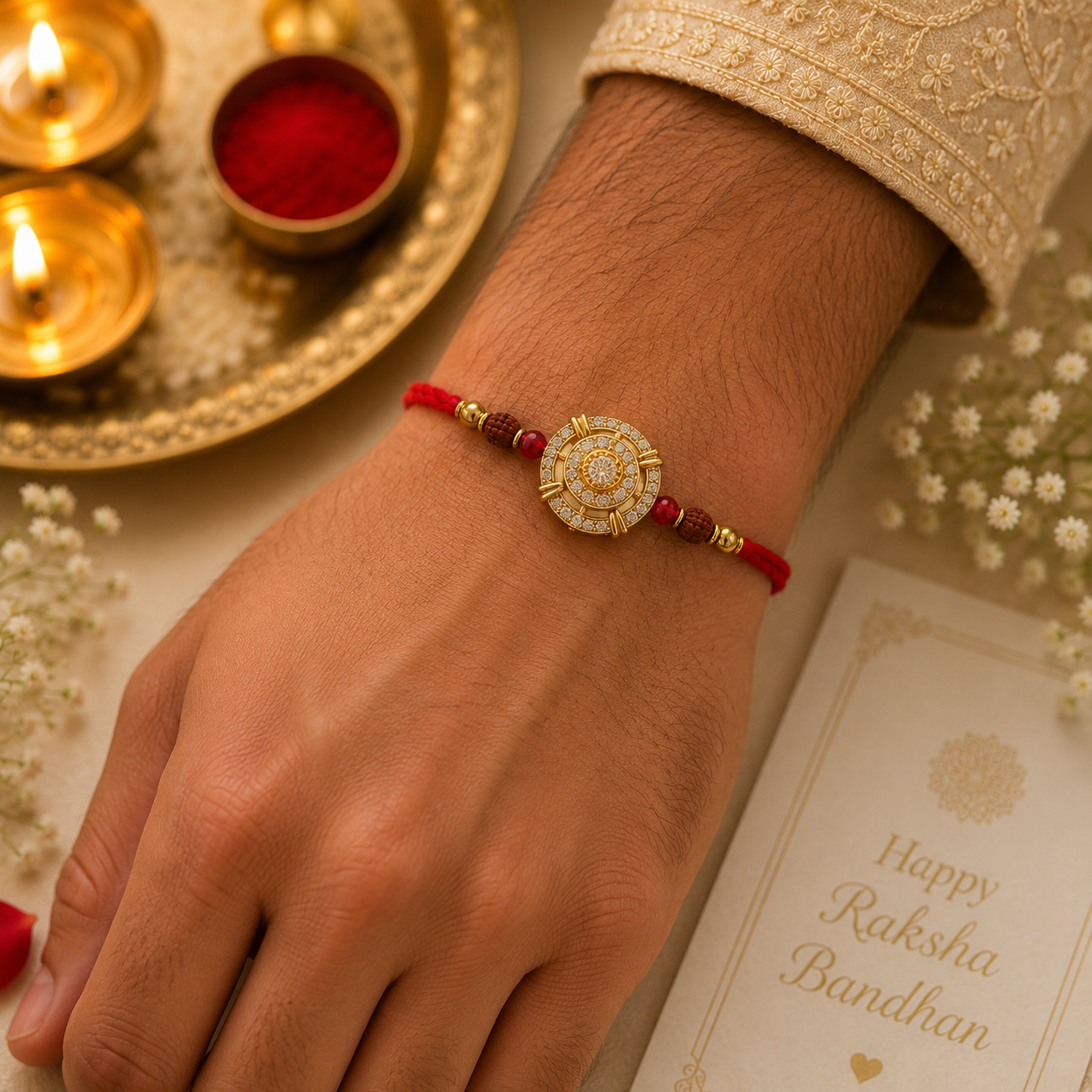 Premium Gold-Tone CZ Dial Rakhi with Rudraksha Beads & Red Thread