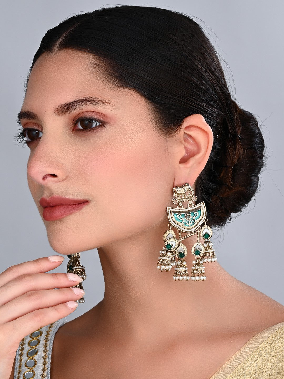 Gold-Toned MOP Chandelier Earrings with Jhumka Drops Green
