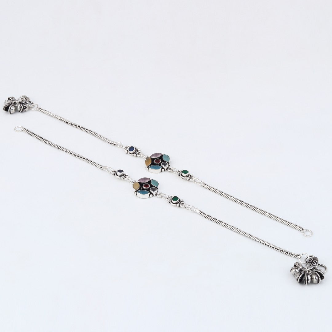 Silver Oxidised Multi-Color Floral Brass Anklet