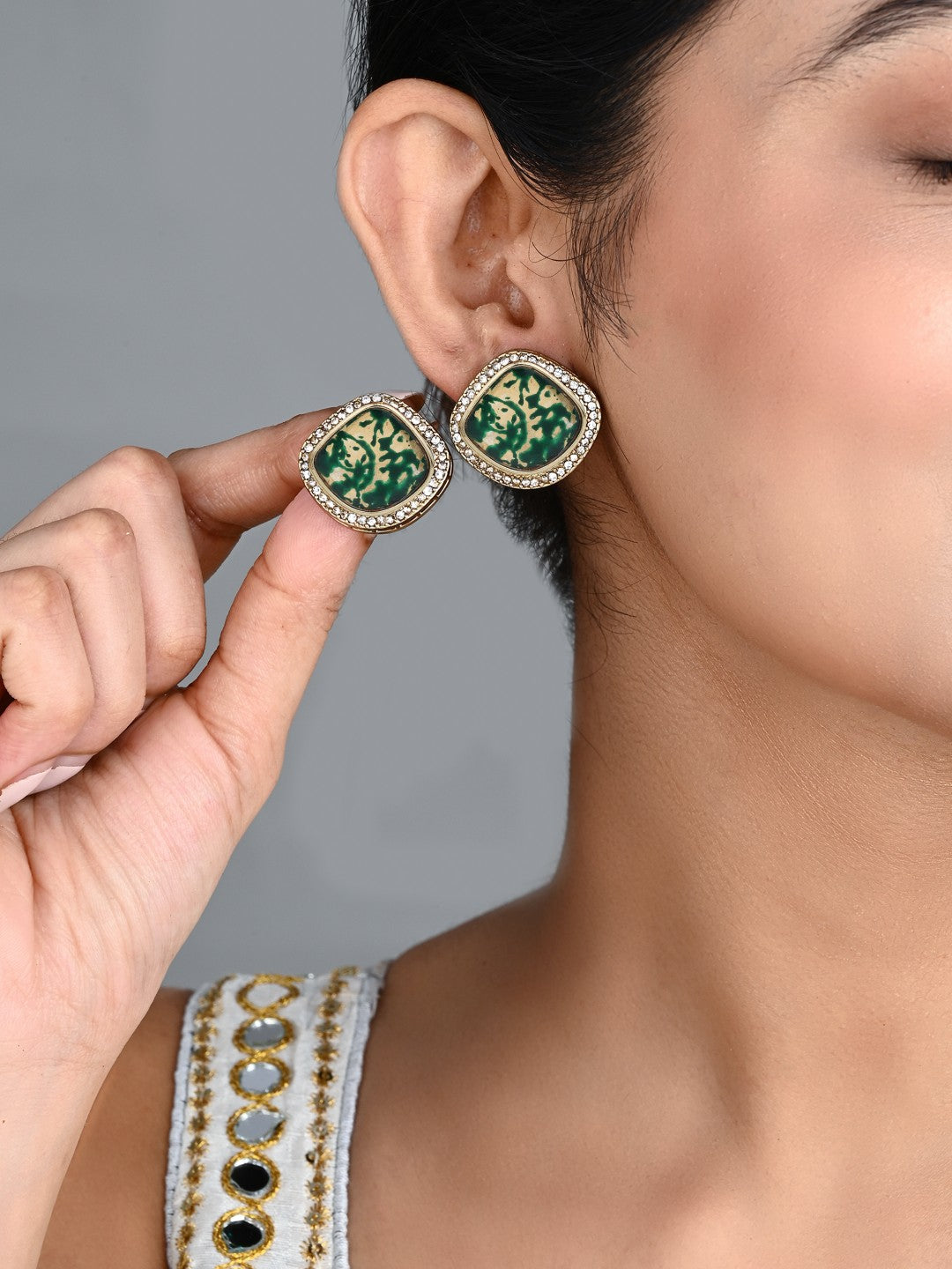 Heritage-Inspired Stone Stud Earrings - Green