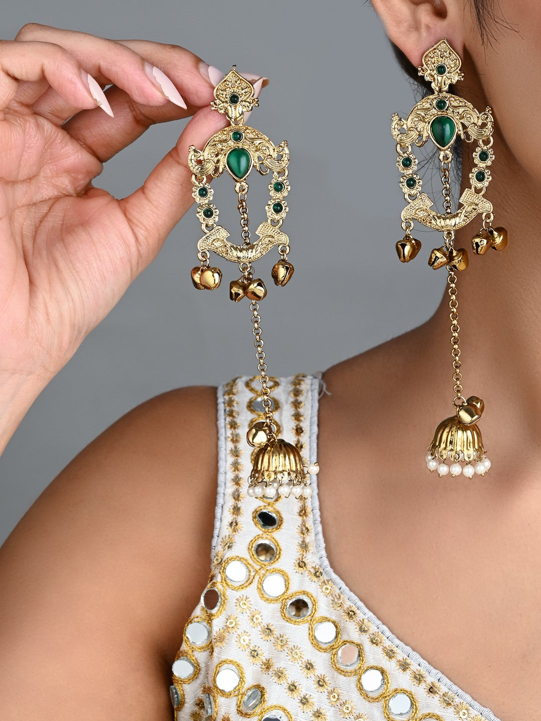Green Kundan Chandbali Jhumka Drop Earrings