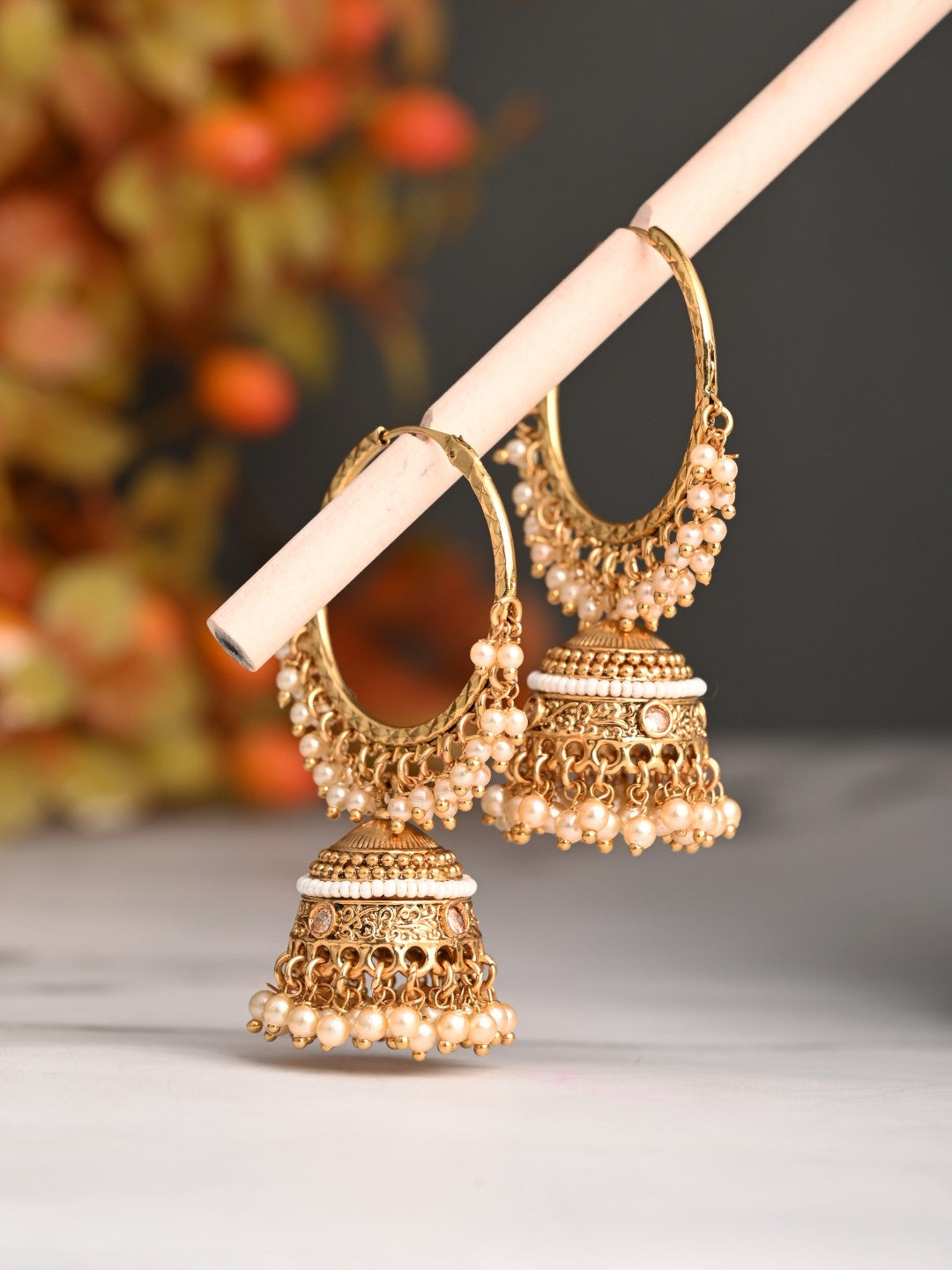 Ethnic hoops with Jhumka drop Gold