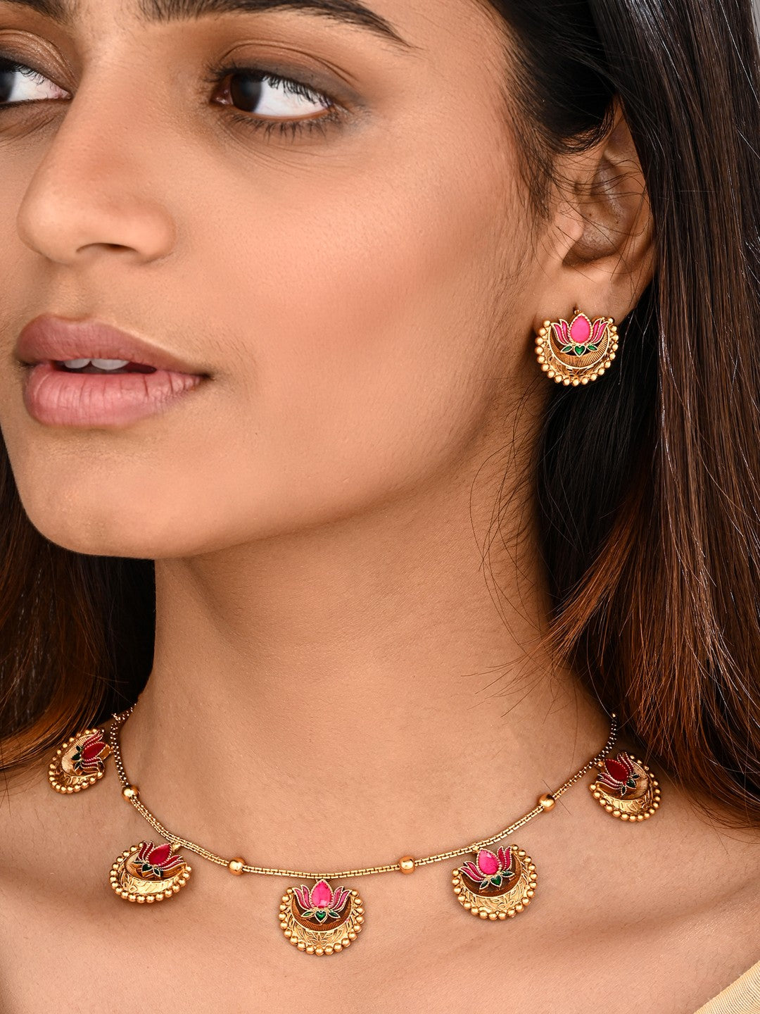 Antique Gold-Tone Pink Lotus Necklace Set