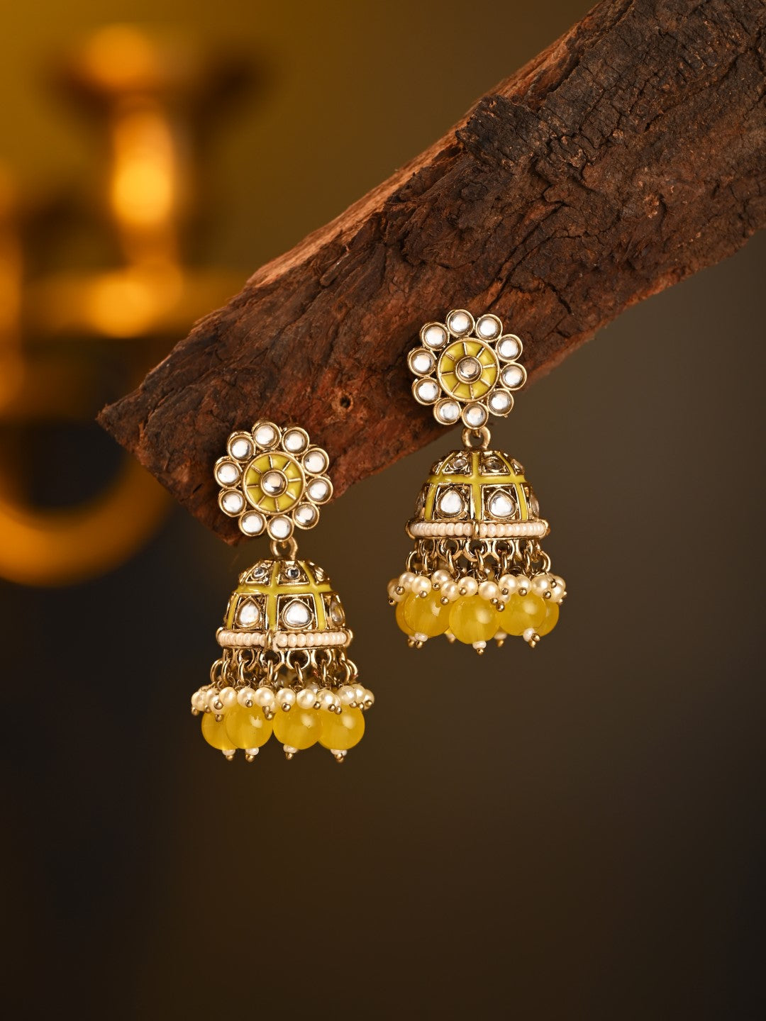 Gold plated kundan & Yellow Meenakari Jhumka Earring