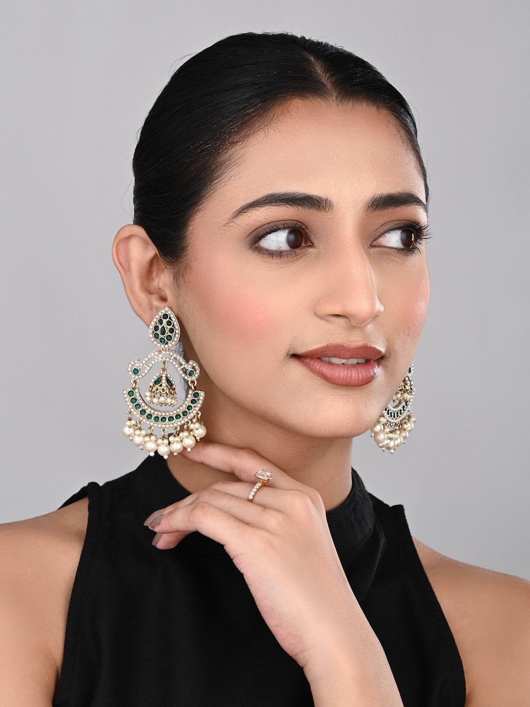 Gold plated Stone & beads chandbali Earring -Green