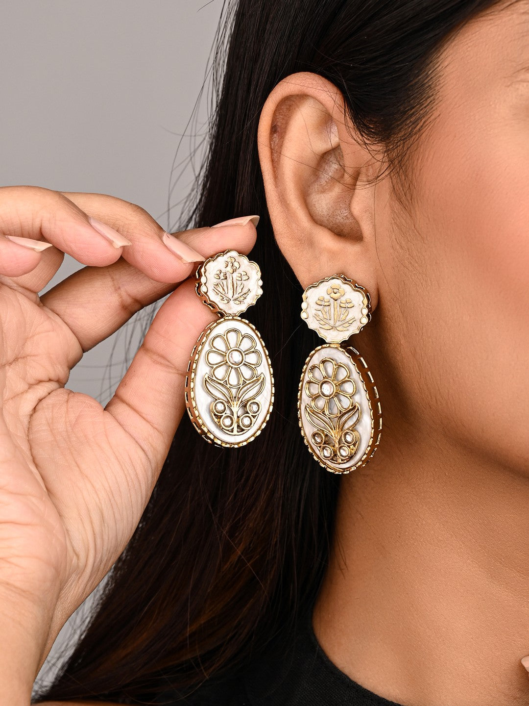 MOP Meenakari Floral Drop Earrings - White