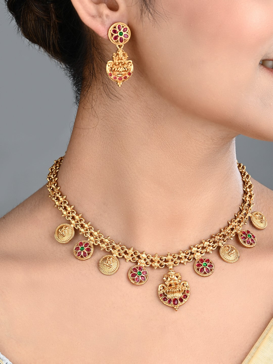 Antique Gold Floral Coin Necklace Set with Kundan Jhumka Earrings