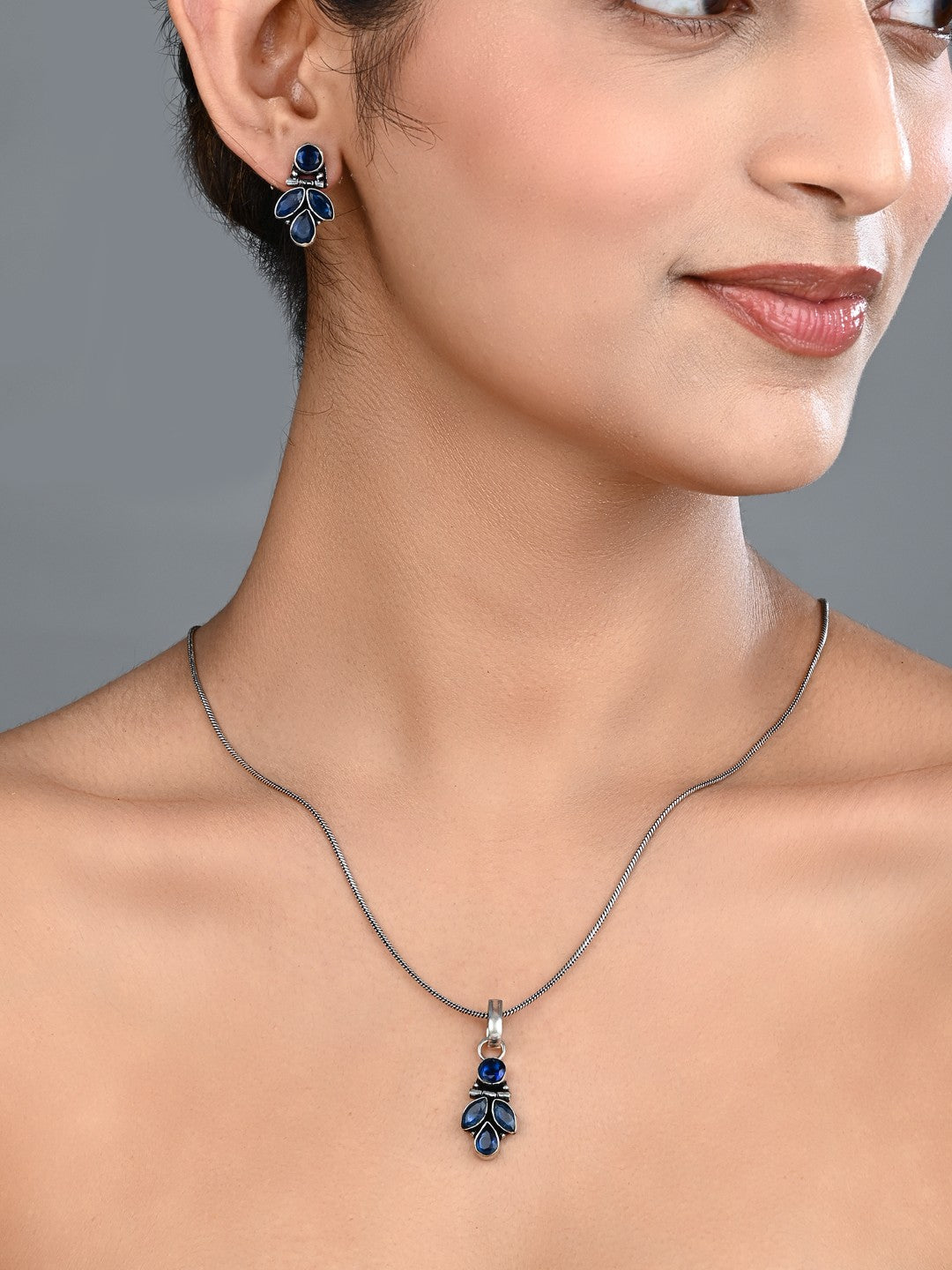 Elegant Crystal Pendant Necklace Set with Matching Drop Earrings - Navy