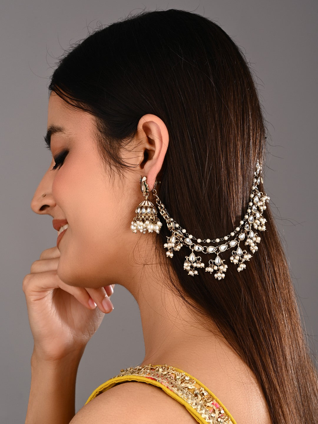 Kundan & Beads double layered ear chains