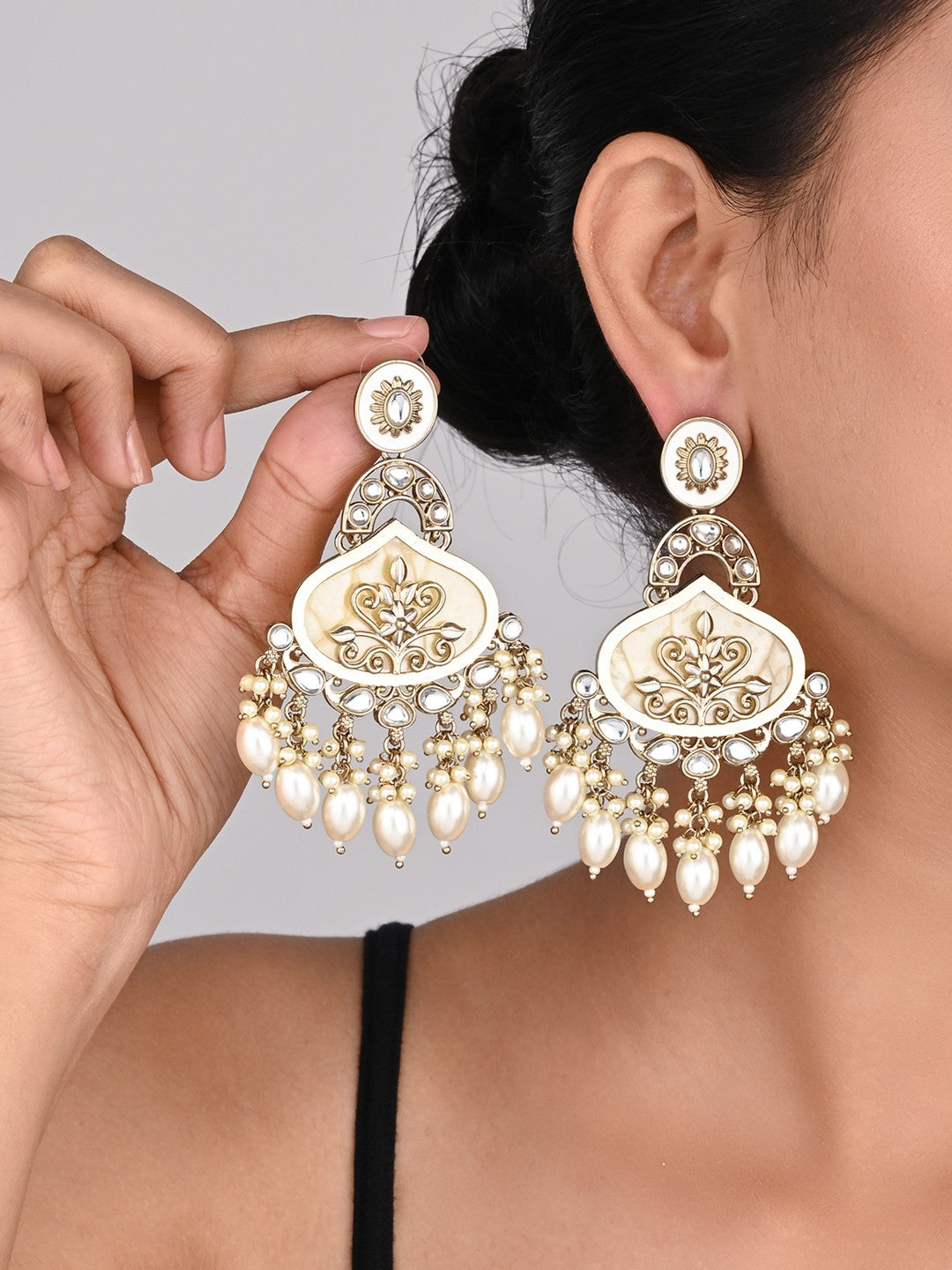 Mother of pearl Chandbali with White Meenakari & White pearl drops