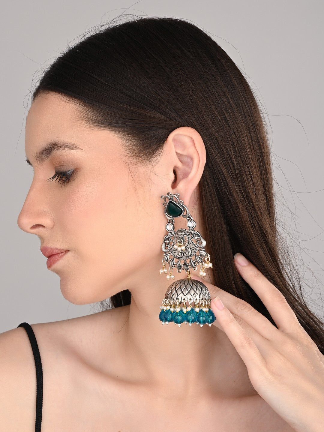 Silver oxydised lightweight long Jhumka Earring