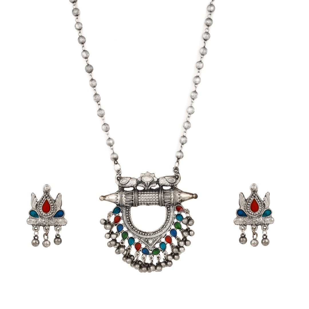 Silver Oxydised finish necklace set with colourful Meenakari