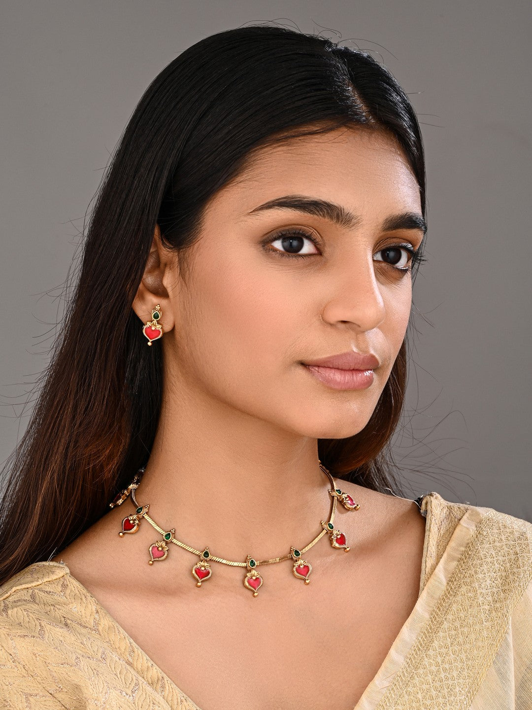 Red Meenakari Floral Alloy Necklace Set