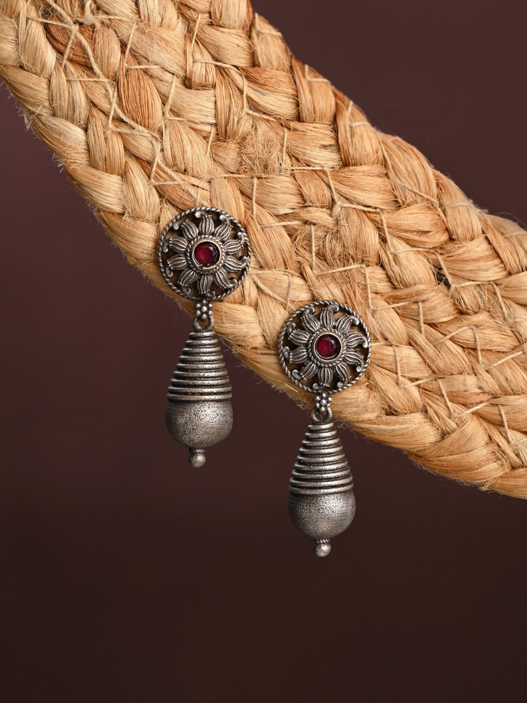 Oxidized Sun Motif Ruby Drop Earrings