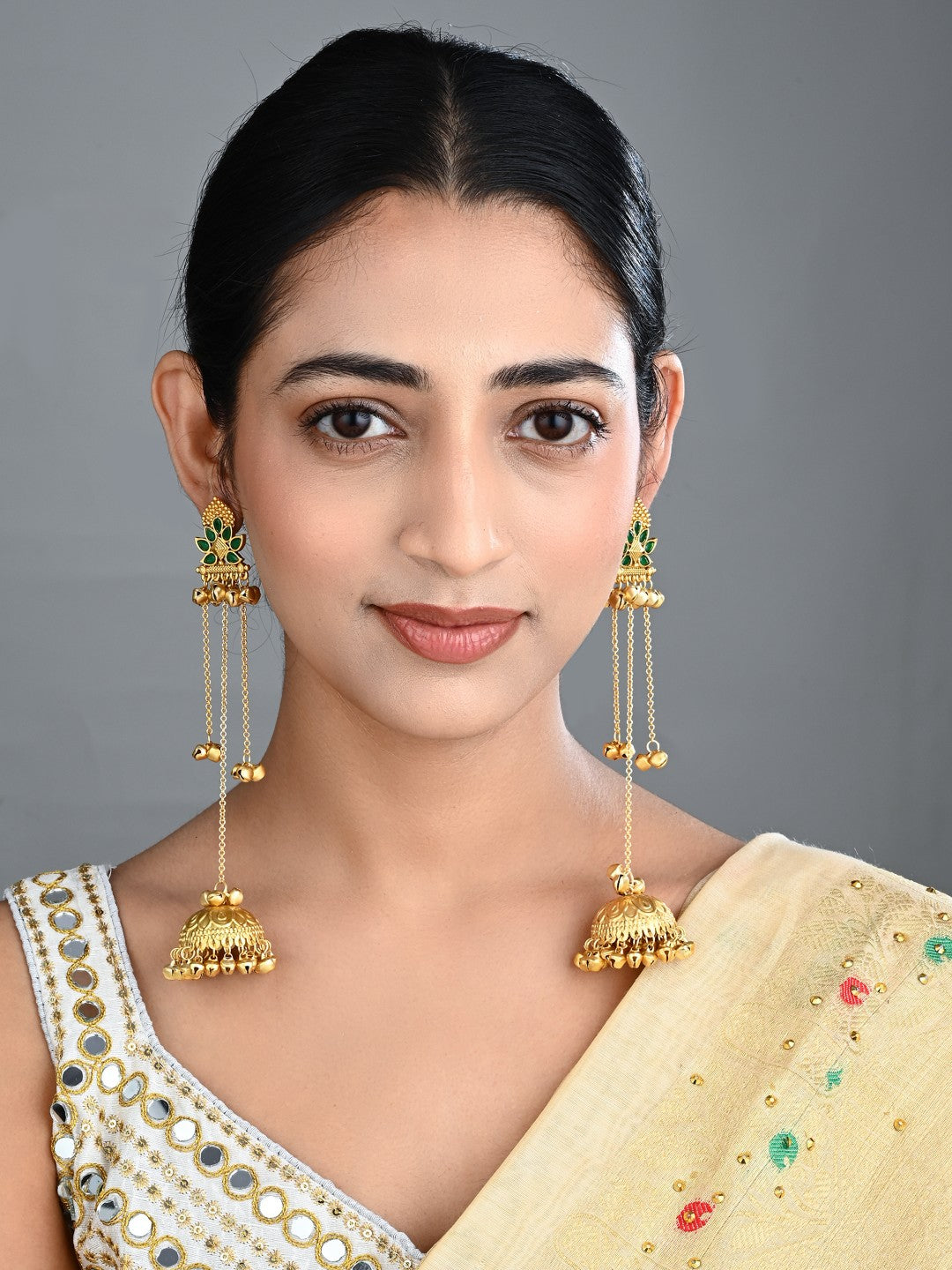 Floral Jhumka Earrings with Ghungroo Chain Tassels green