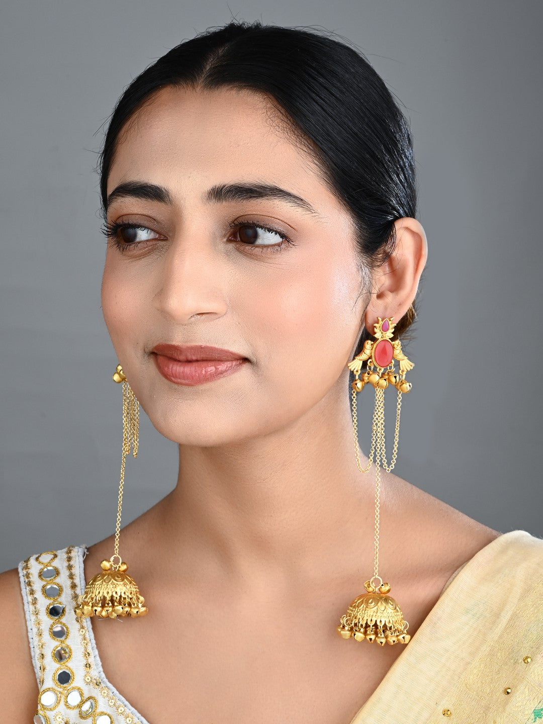 ruby Red Temple Jhumka Earrings with Chain Tassels