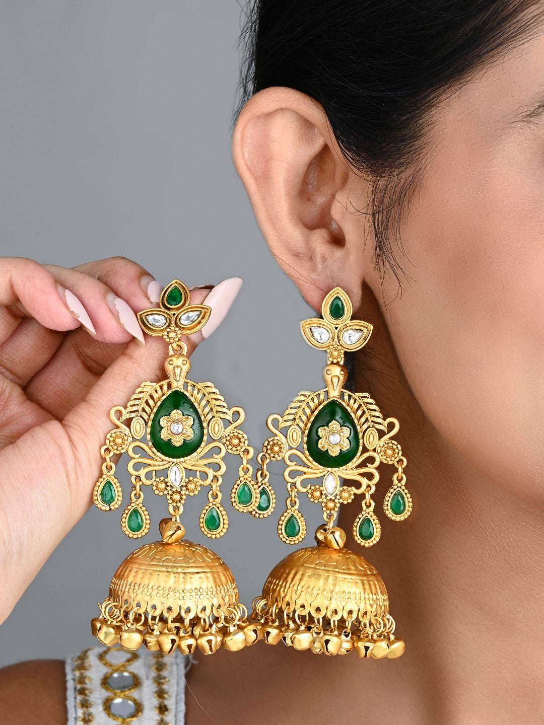 Emerald Green Temple Jhumka Earrings with Ghungroo Drops