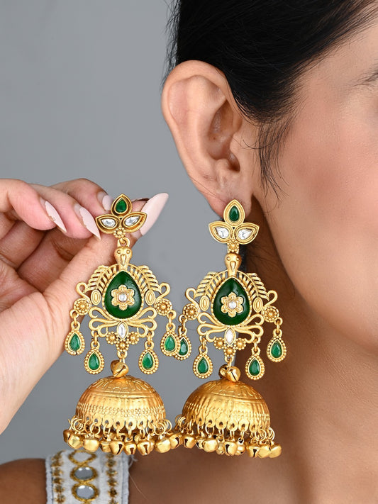 Emerald Green Temple Jhumka Earrings with Ghungroo Drops