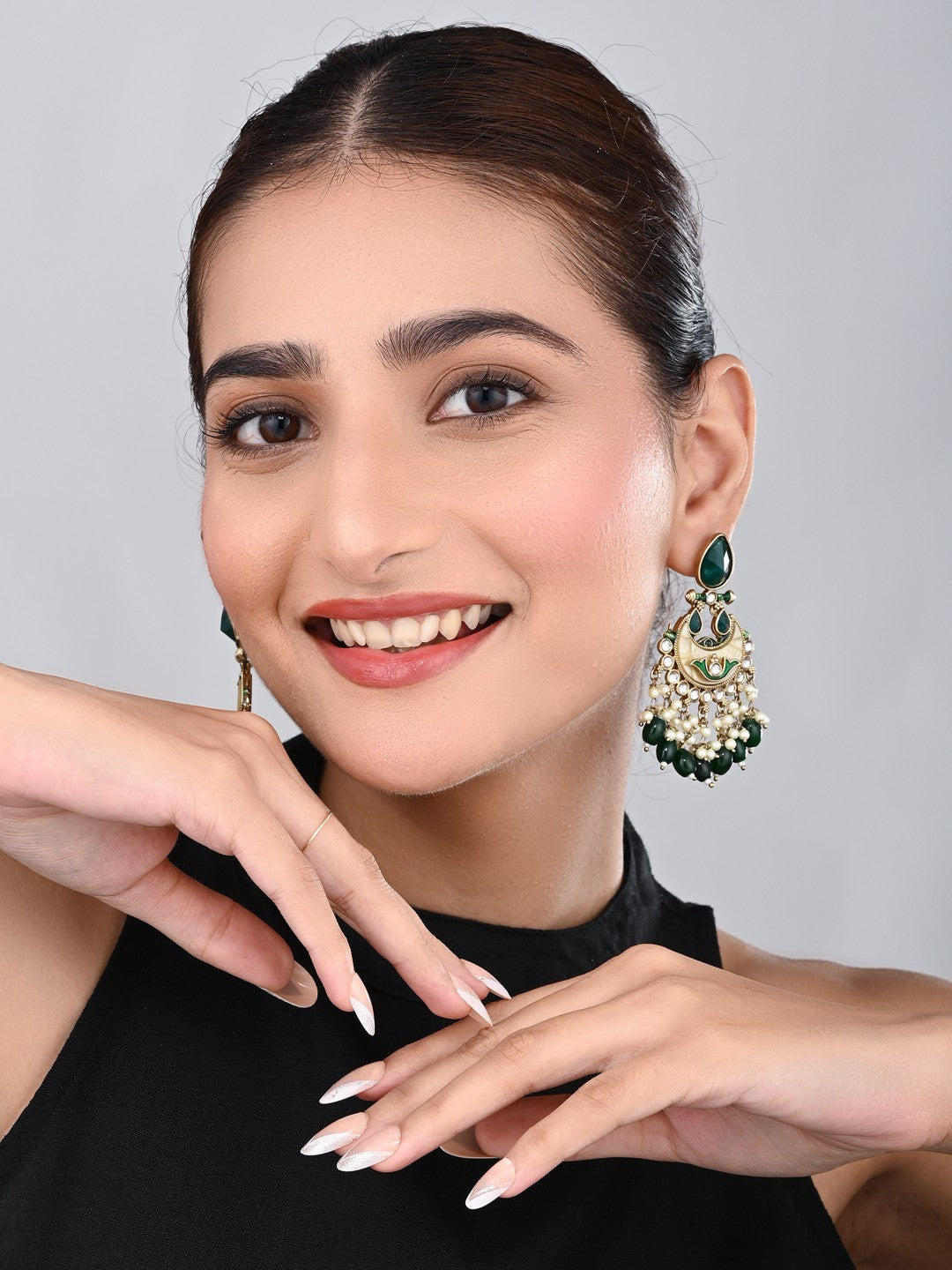 Gold-Plated Meenakari Chandbali Earrings with Kundan & Pearl Drops - Green