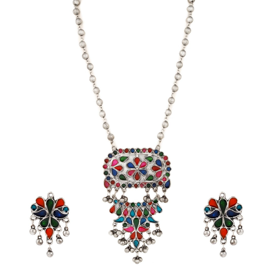 Silver Oxydised finish Pendant necklace set with colourful Meenakari